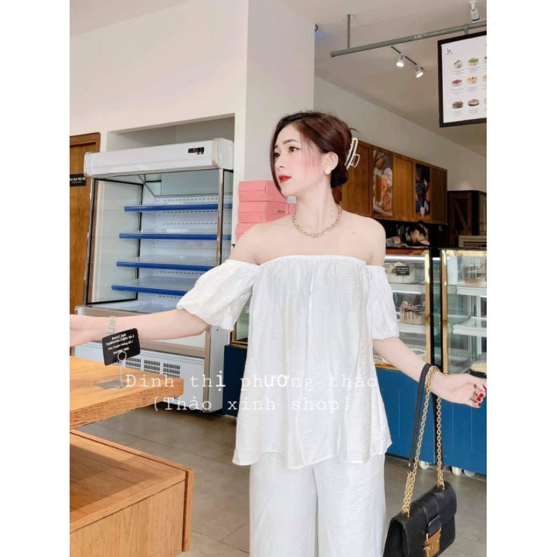 SET ÁO TRỄ VAI Babydoll Tay Rời Vàng Trắng Mix QUẦN DÀI ỐNG RỘNG Quần Sớ Trắng BÁNH BÈO Đi Biển