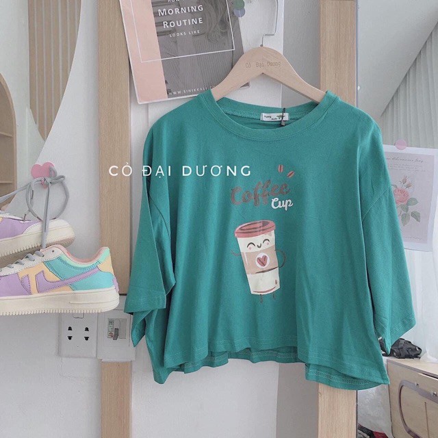 Áo croptop cộc tay thun dưới 52kg in hình cà phê
