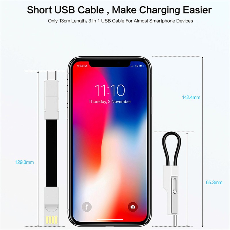 Dây Cáp Sạc Nhanh Kiêm Móc Khóa 3 Trong 1 Cho Iphone X Xr Xs Max 6 6s 7 8 Plus 5 Android