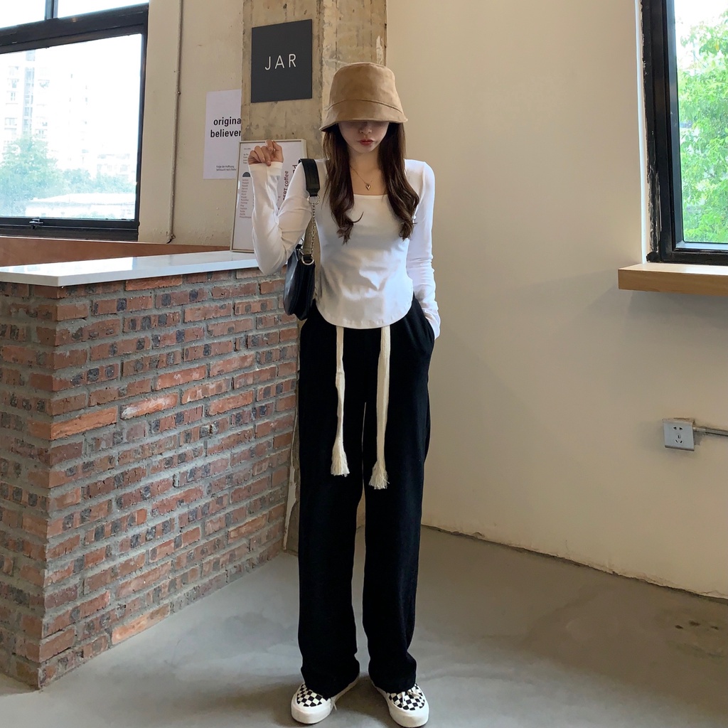 Quần Âu 176481Quần Dài Ống Rộng Lưng Cao Phong Cách Hàn Quốc Cá Tính