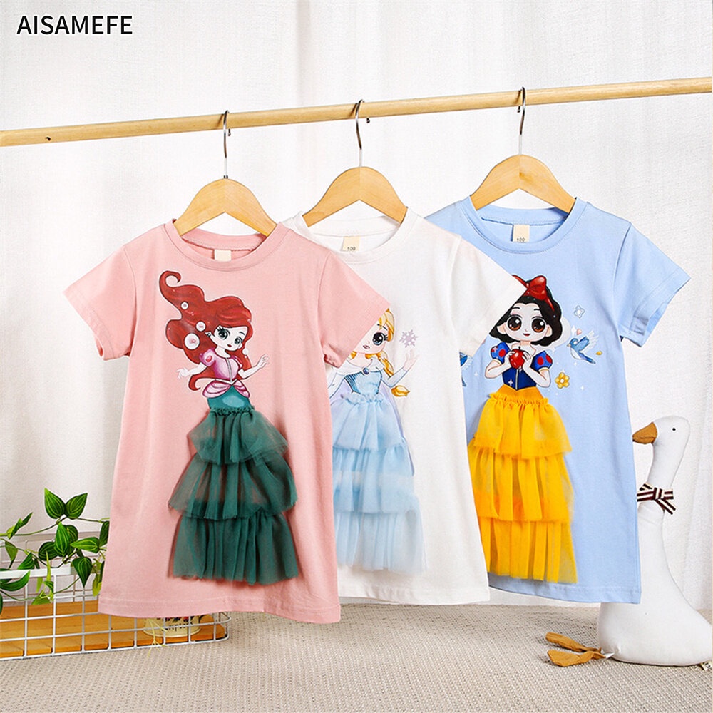 Đầm Thun In Hình Công Chúa Elsa/Bạch Tuyết/Nàng Tiên Cá 3D Dễ Thương Thời Trang Mùa Hè Cho Bé Gái