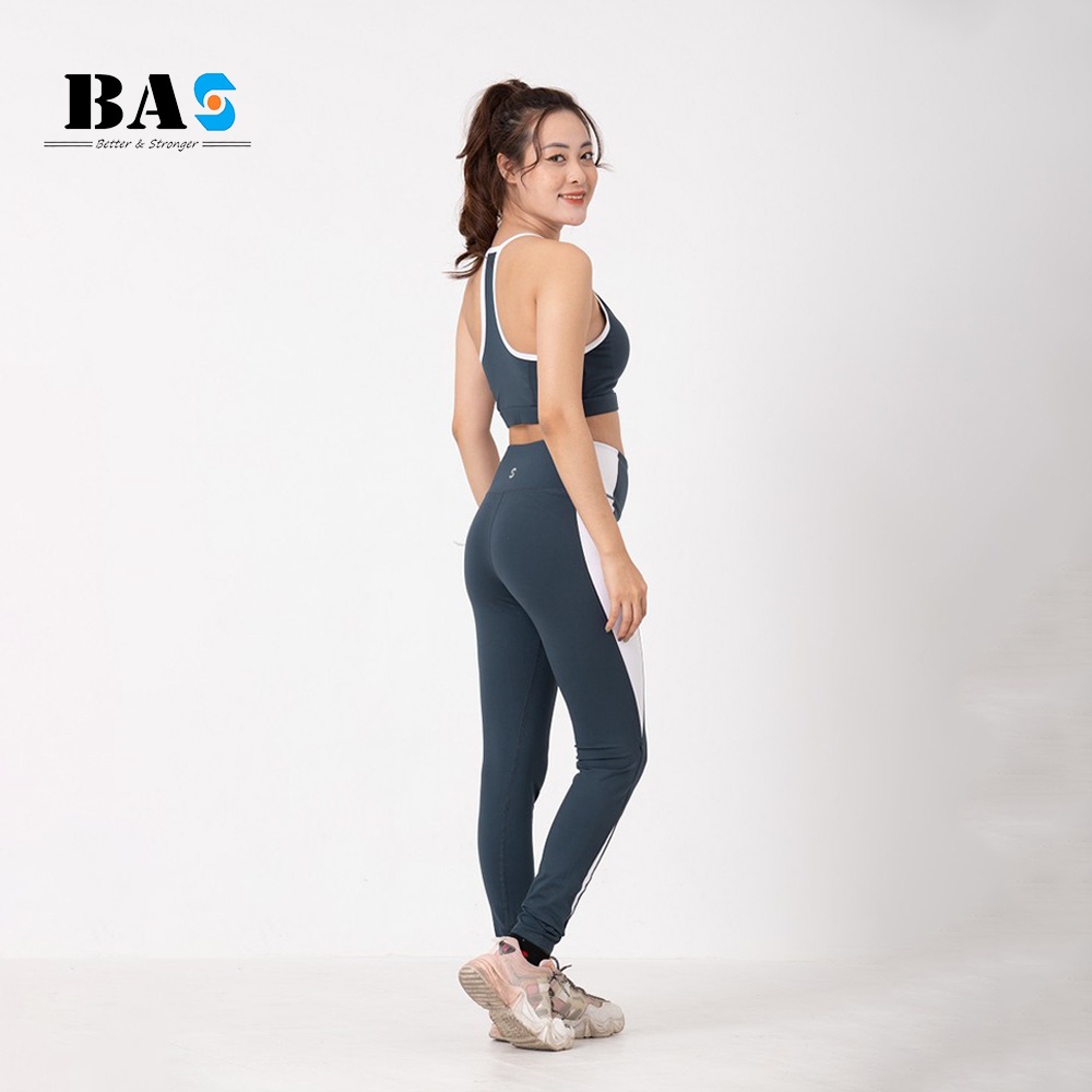 Set đồ tập yoga gym nữ vải thun cao cấp BAS bra 2 dây cách điệu phối legging lưng cao tôn dáng - S40039