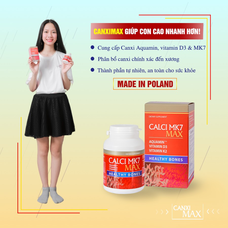 Calci MK7 Max - Bổ sung Calci, Vitamin D3, K2. Hỗ trợ hấp thu Calci vào xương, giúp cải thiện tình trạng thiếu hụt Canxi