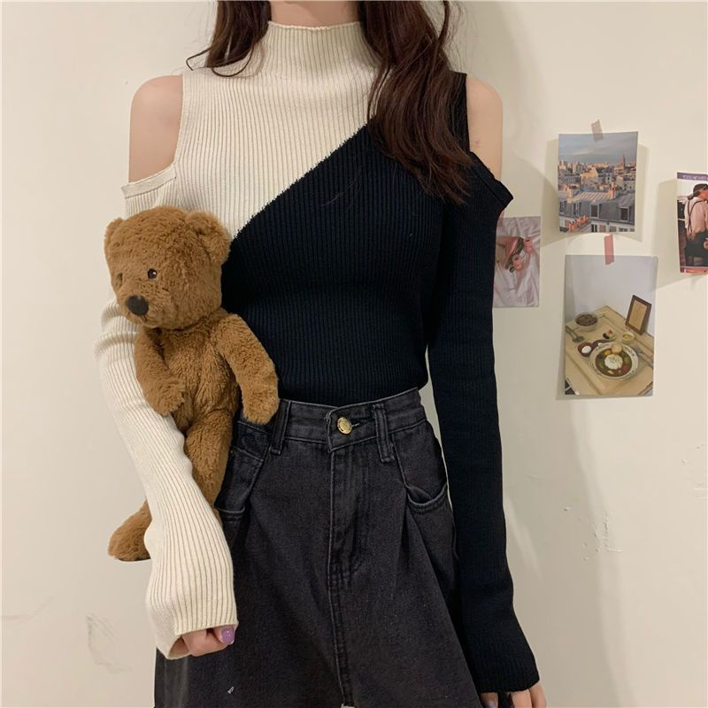 Áo Dệt Kim Tay Dài Cổ Lọ Phối Màu Tương Phản Phong Cách Hàn Quốc Thời Trang Mùa Đông Cho Nữ