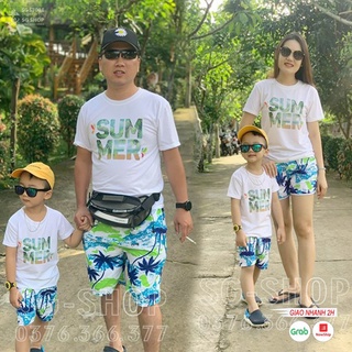 Quần đi biển cặp đôi nam nữ hội nhóm Quần short đùi gia đình đi biển cây dừa, nhanh khô