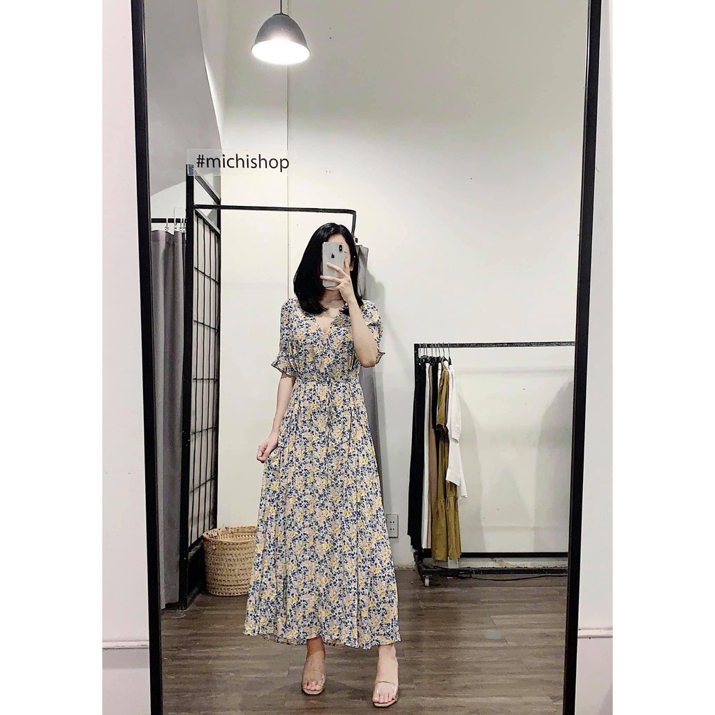 Váy maxi cổ tim họa tiết hoa nhí màu vàng-xanh - 79V25