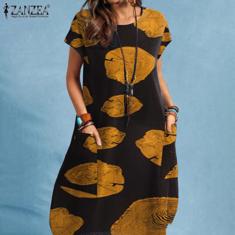 Đầm ZANZEA tay ngắn cổ tròn in họa tiết thời trang dành cho nữ