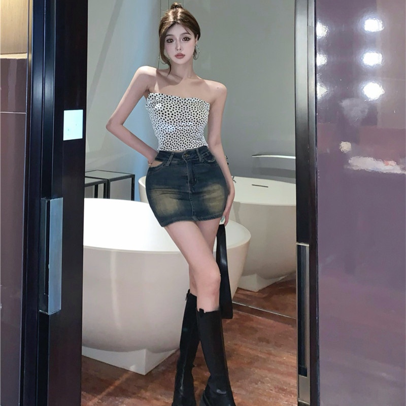 Set Áo Ống Kèm Chân Váy Denim Lưng Cao Thời Trang Dành Cho Nữ