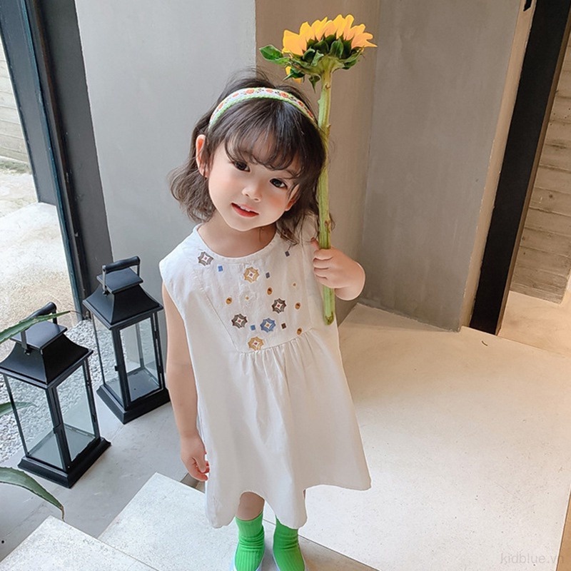 Đầm Sát Nách Cổ Tròn Thêu Hoa Dễ Thương Cho Bé Gái 3-8 Tuổi