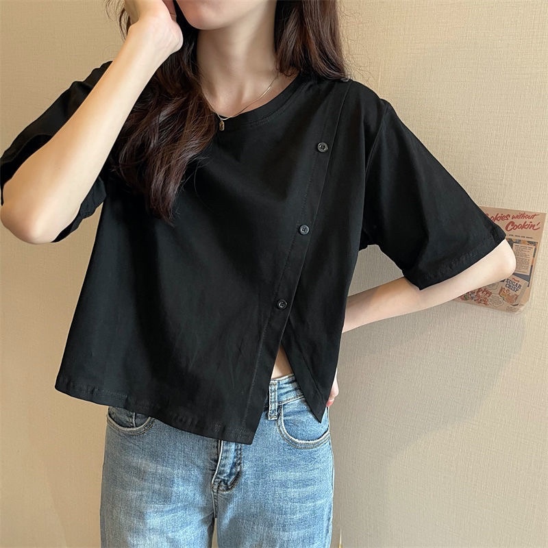 Áo Thun Nữ Tay Ngắn Cổ Tròn Cúc Xiên Độc Lạ