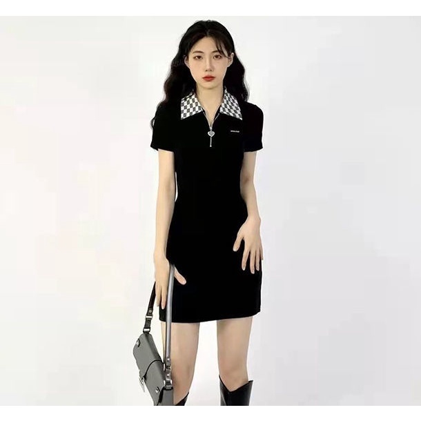 AMOI Đầm Tay Ngắn Cổ Polo Thắt Nơ Lưng Họa Tiết Sọc Caro