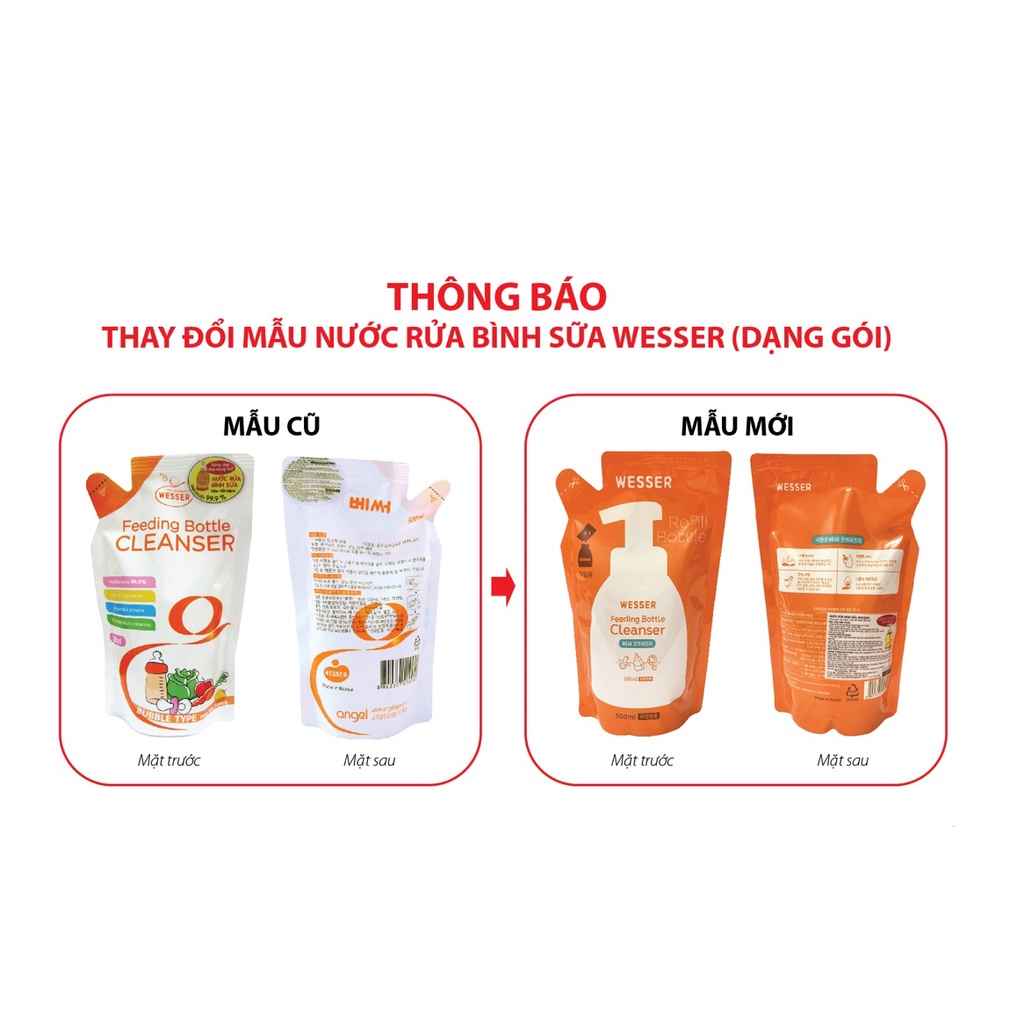 Nước Rửa Bình Sữa Wesser - Nước rửa trái cây rau quả Hàn Quốc - Chai/ Gói refill 500ml