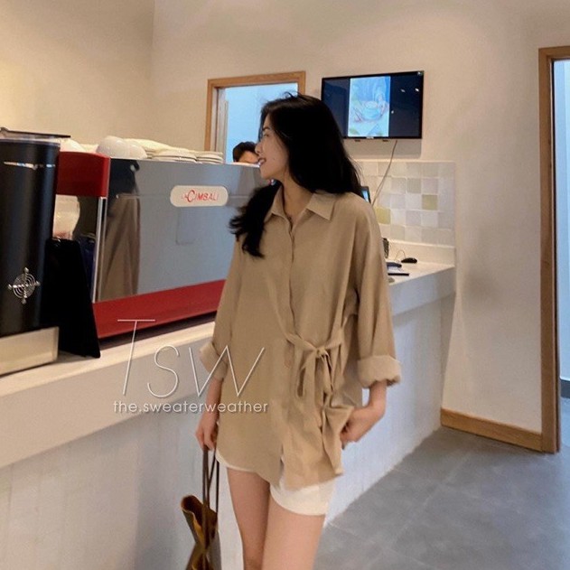 Áo sơ mi nữ form rộng chất tuyết hàn có dây thắt eo hàng Quảng Châu, sơ mi dài tay đi học đi chơi ASM05