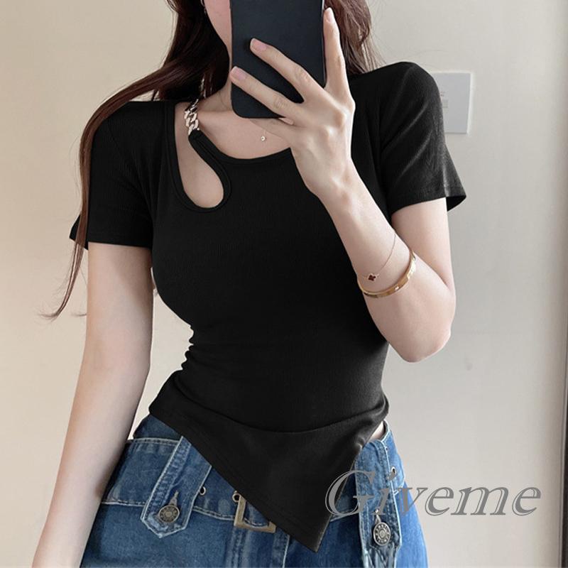 Áo Thun Tay Ngắn Phối Dây Xích Kim Loại Thời Trang Xuân Hè Cho Nữ