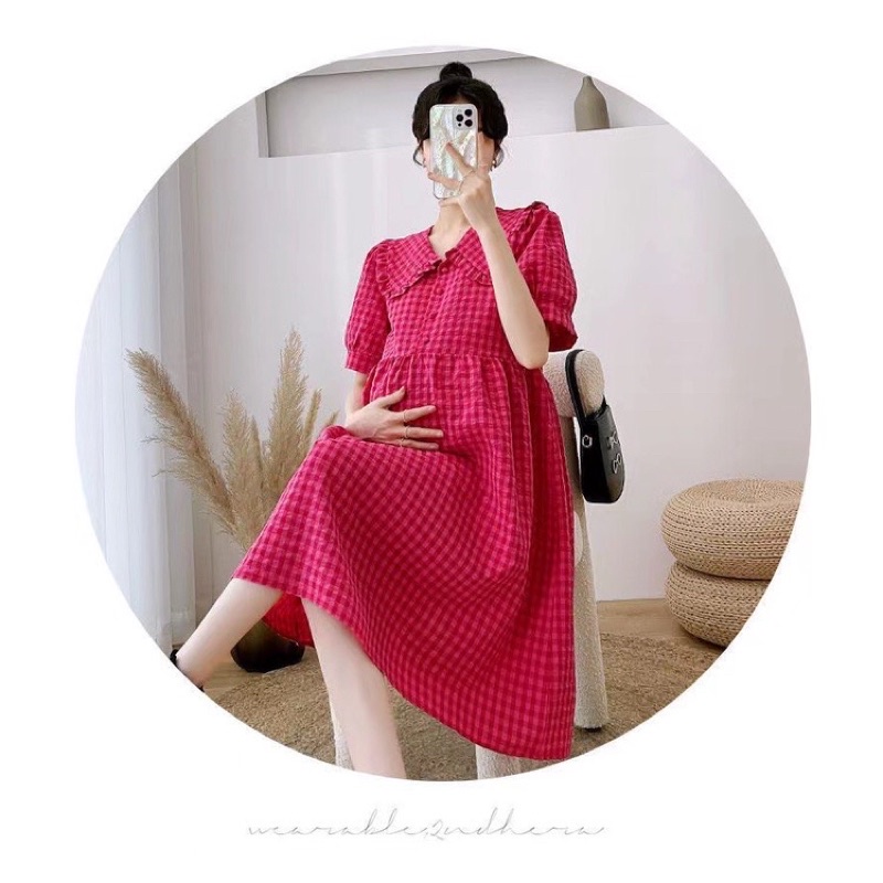 Váy đầm bầu công sở hè thu cổ búp bê kẻ sọc caro thiết kế cao cấp đẹp rẻ