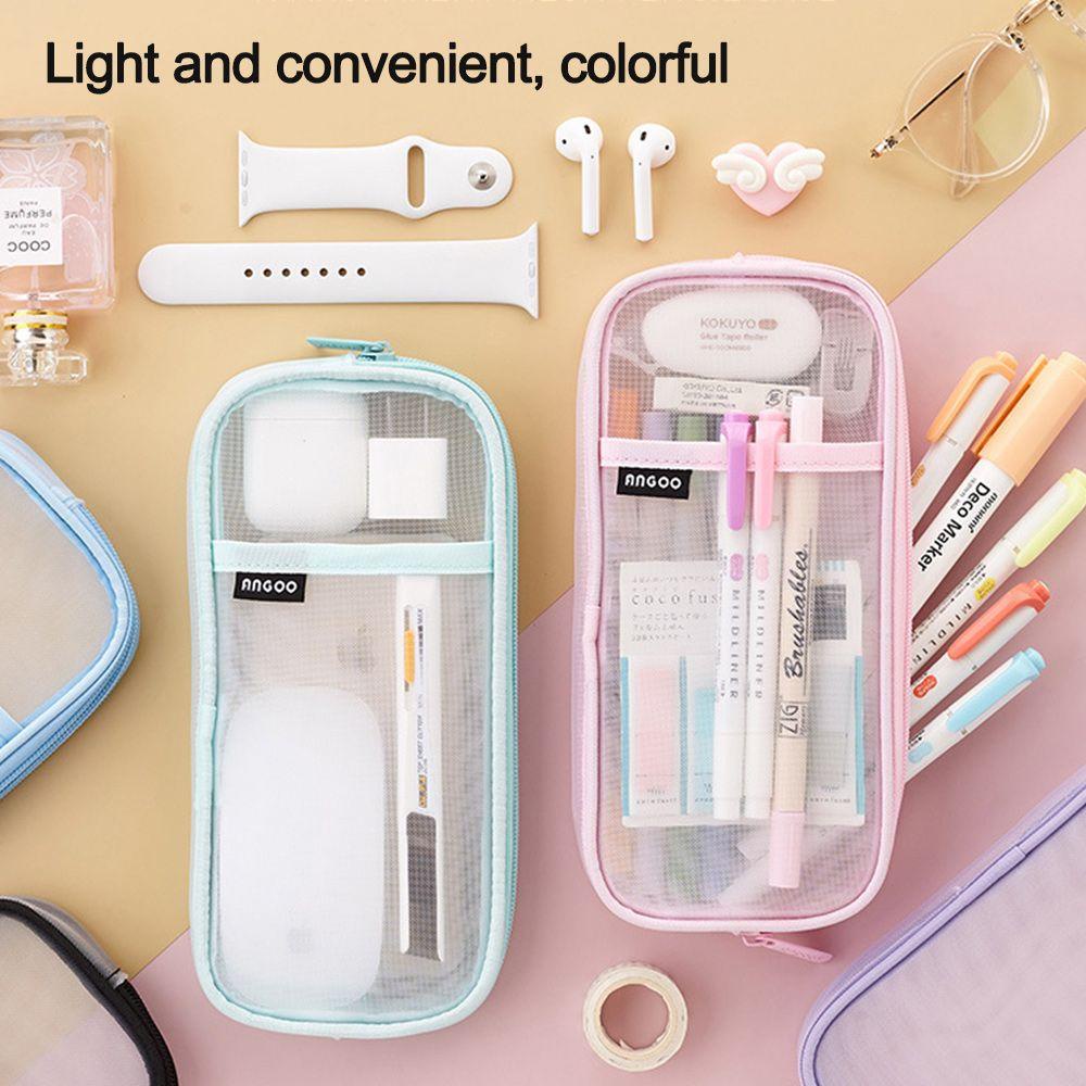PISTA Túi Đựng Bút Bằng Lưới Hai Lớp Trong Suốt Sức Chứa Lớn Dễ Thương