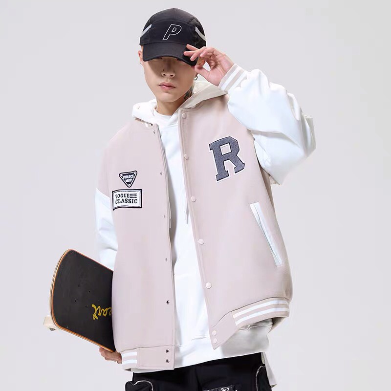 Áo Khoác Bomber Varsity Jacket Bóng Chày Thêu Chữ 𝐑 Chất Da Lộn Lót Dù Form Rộng Basic Nam Nữ Unisex Couple Ulzzang