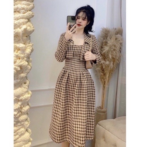 Set dạ tweed họa tiết gồm váy hai dây và áo khoác siêu xinh phong cách tiểu thư _ có ẢNH THẬT | BigBuy360 - bigbuy360.vn