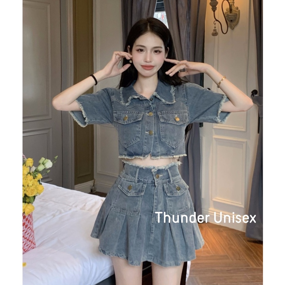 Set Bò Retro Áo Polo Tay Ngắn Dáng Croptop Kết Hợp Chân Váy Chữ A Họa Tiết Rách Nhẹ ThunderUnisex Ulzzang Hàn Quốc