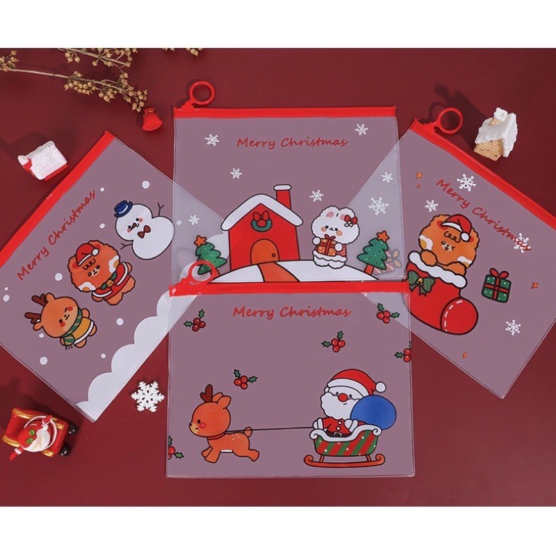 Túi zip A5 trong suốt đựng bút hoạ tiết Noel