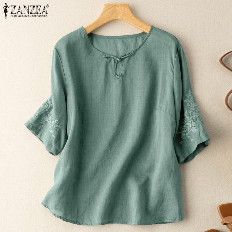 Áo thun cotton tay lửng cổ tròn ZANZEA đơn giản dành cho nữ