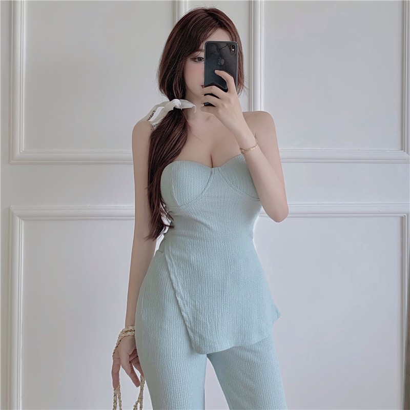 Set Áo Cúp Ngực + Quần Dài Lưng Cao Ống Loe Thời Trang Hàn Cho Nữ