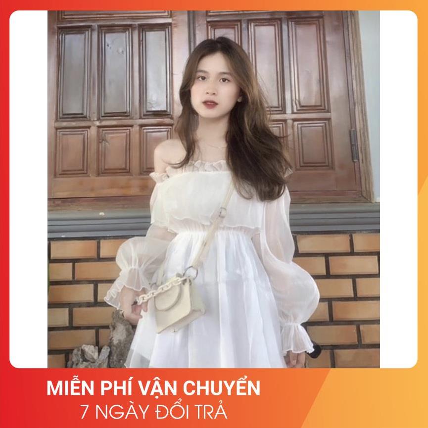 Áo Trễ Vai Trắng Dáng Váy 24APRIL Nữ [FREESHIP]  Thun kiểu dài tay bồng oversize, form rộng phối viền bèo tiểu thư