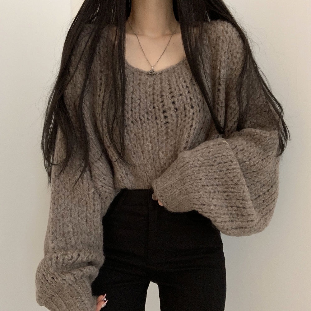 Áo sweater dệt kim tay phồng dáng rộng màu sắc ngọt ngào phong cách Hàn Quốc xinh xắn cho nữ
