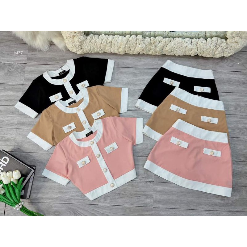 (ảnh thật) set váy + áo đính nút tiểu thư sang chảnh