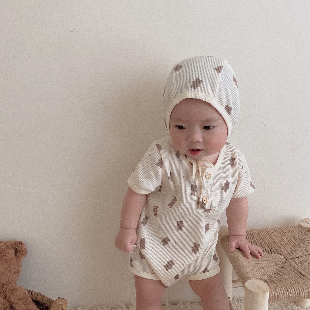 Bộ Áo Liền Quần Tam Giác Tay Ngắn Màu Trắng In Họa Tiết Hoạt Hình + 1 Cái Nón Phong Cách Hàn Quốc Thời Trang Mùa Hè Cho Bé