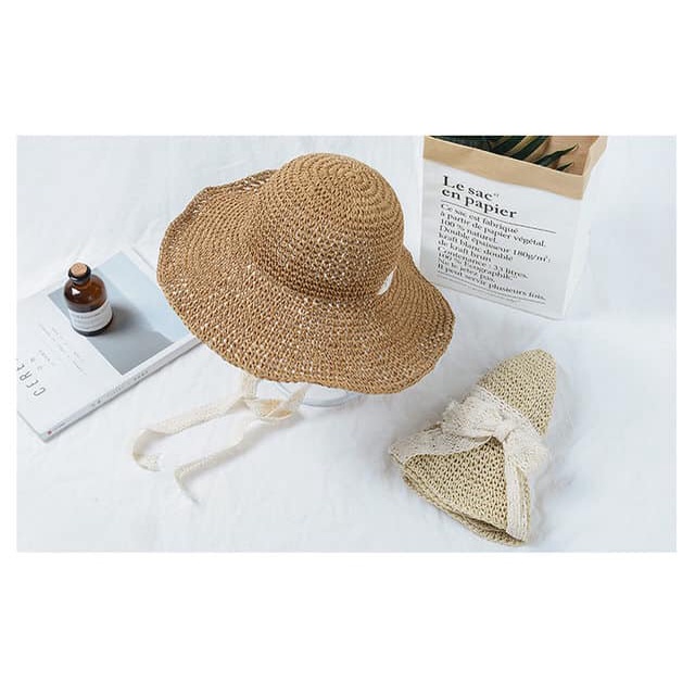 Mũ cói Vintage đi biển vành rộng cột dây ren trắng