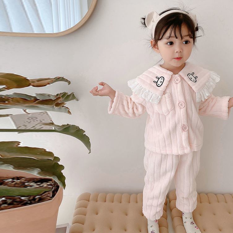 Bộ đồ ngủ vải flannel dày thời trang thu đông cho bé gái từ 0-3 tuổi
