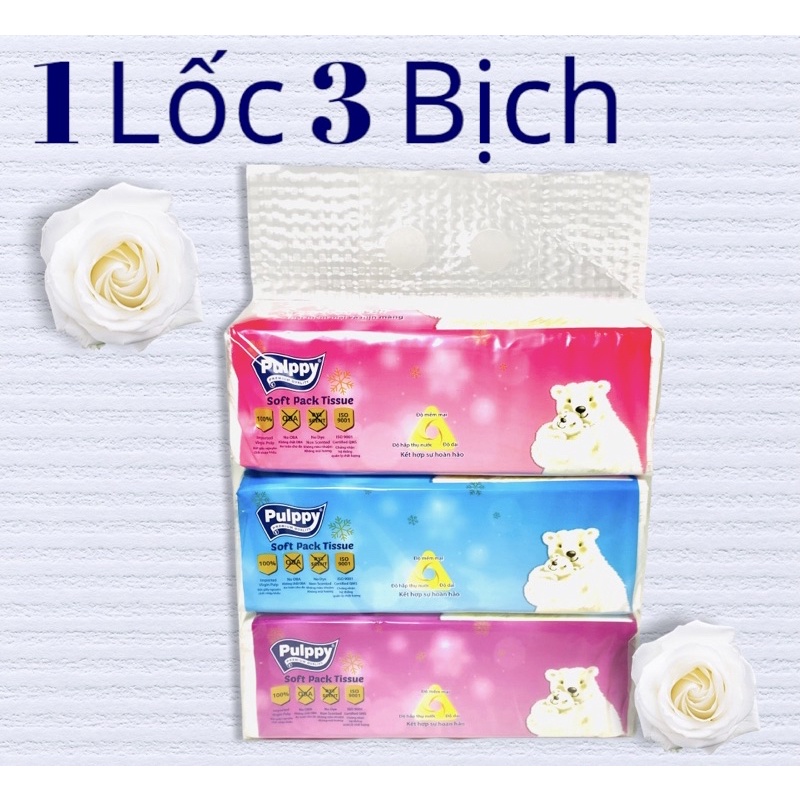 Khăn Giấy Rút Pulppy Soft Pack Tissue 180Tờ 2Lớp Giấy Gấu Trắng