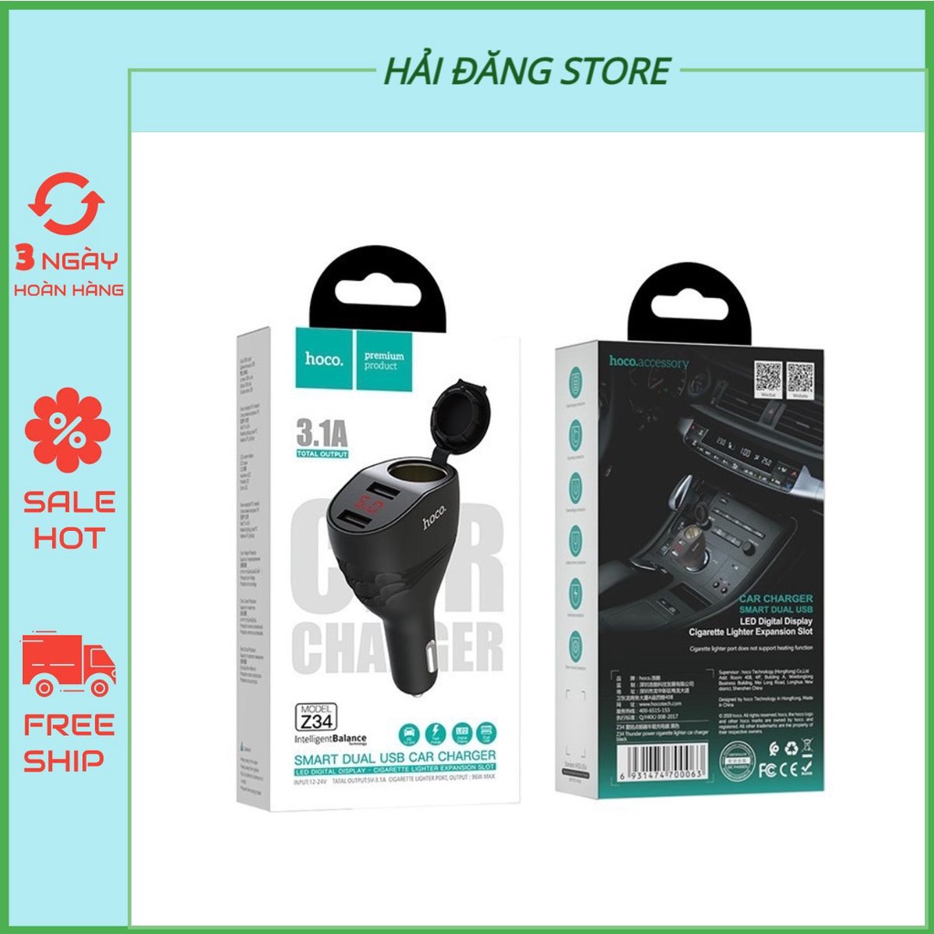 Tẩu sạc Ôtô Hoco Z34 - 2 Đầu ra 3,0A Với Màn Hình LED Thuận Tiện - Hàng Chính Hãng