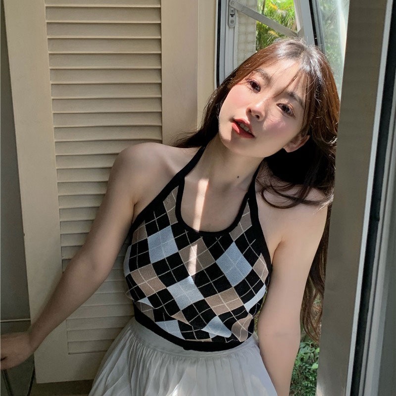 QKOOLE  Áo Dệt Kim Hai Dây Họa Tiết Sọc Caro Phong Cách Hàn Quốc