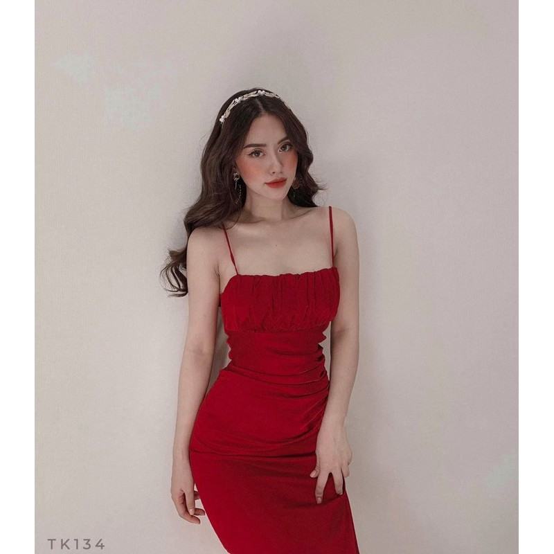 Đầm 2 dây phi nhíu ngực xẻ đùi 3 màu