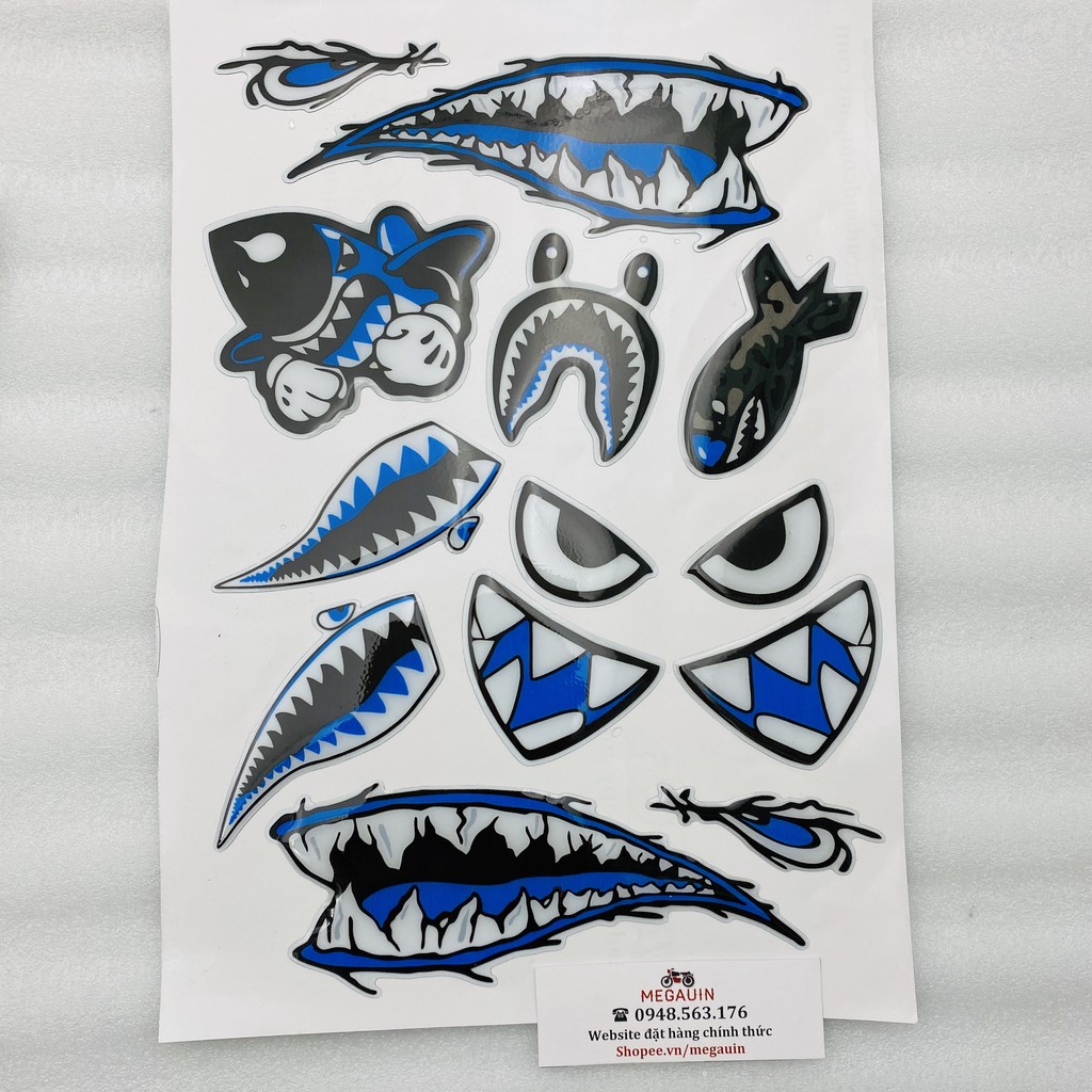 Tem dán Decal nổi Sticker mẫu Cá Mập trang trí mũ bảo hiểm, xe máy, xe điện