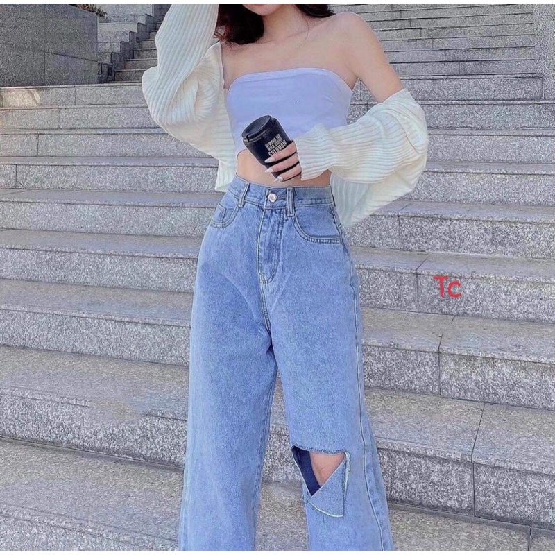 [Mã FAMARAL1 giảm 10K đơn 50K] Quần bò ống rộng rách gối xẻ TC6