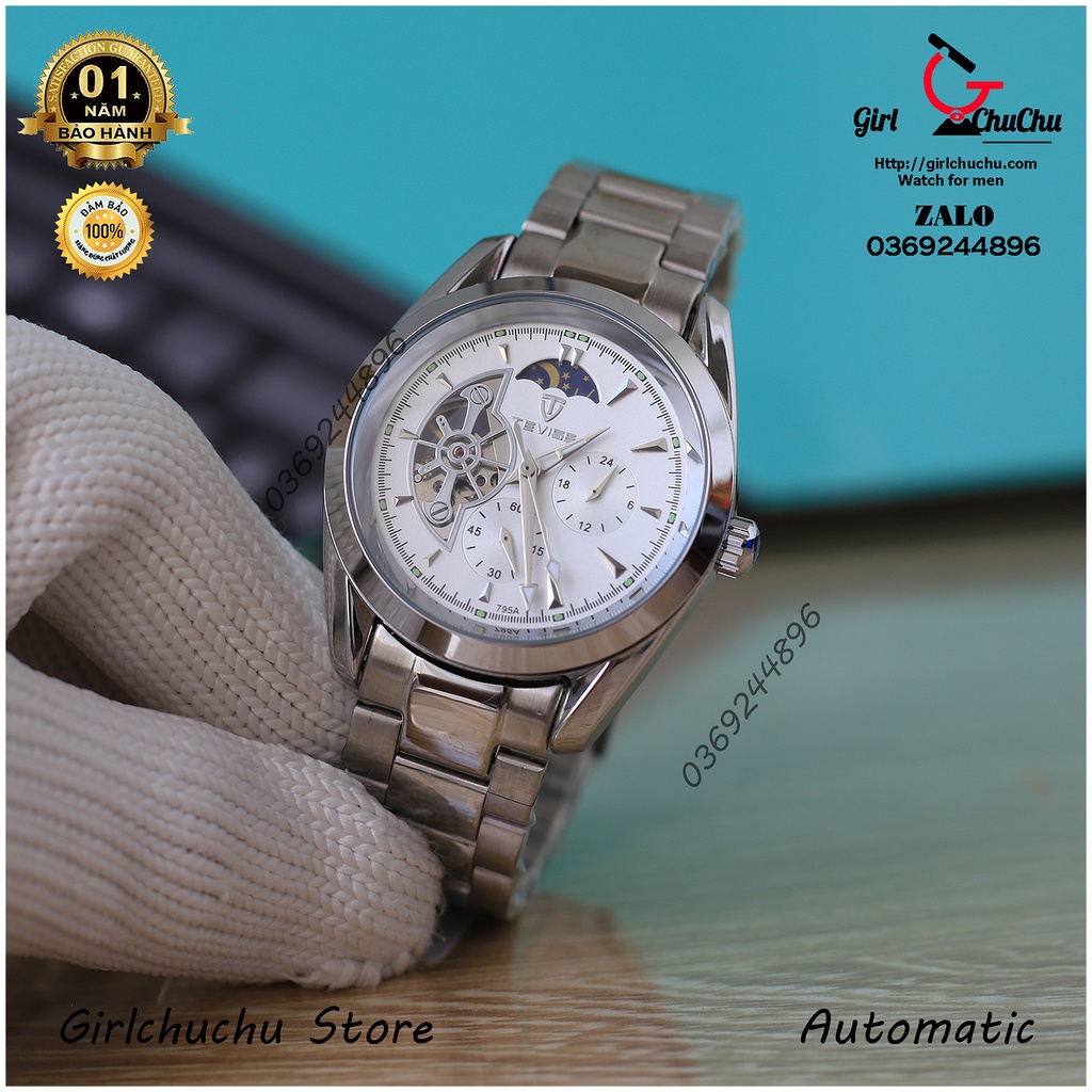 Đồng hồ nam Tevise full bạc, máy chạy cơ automatic vĩnh viễn không cần đến pin, toàn thên inox đúc đặt nguyên khối