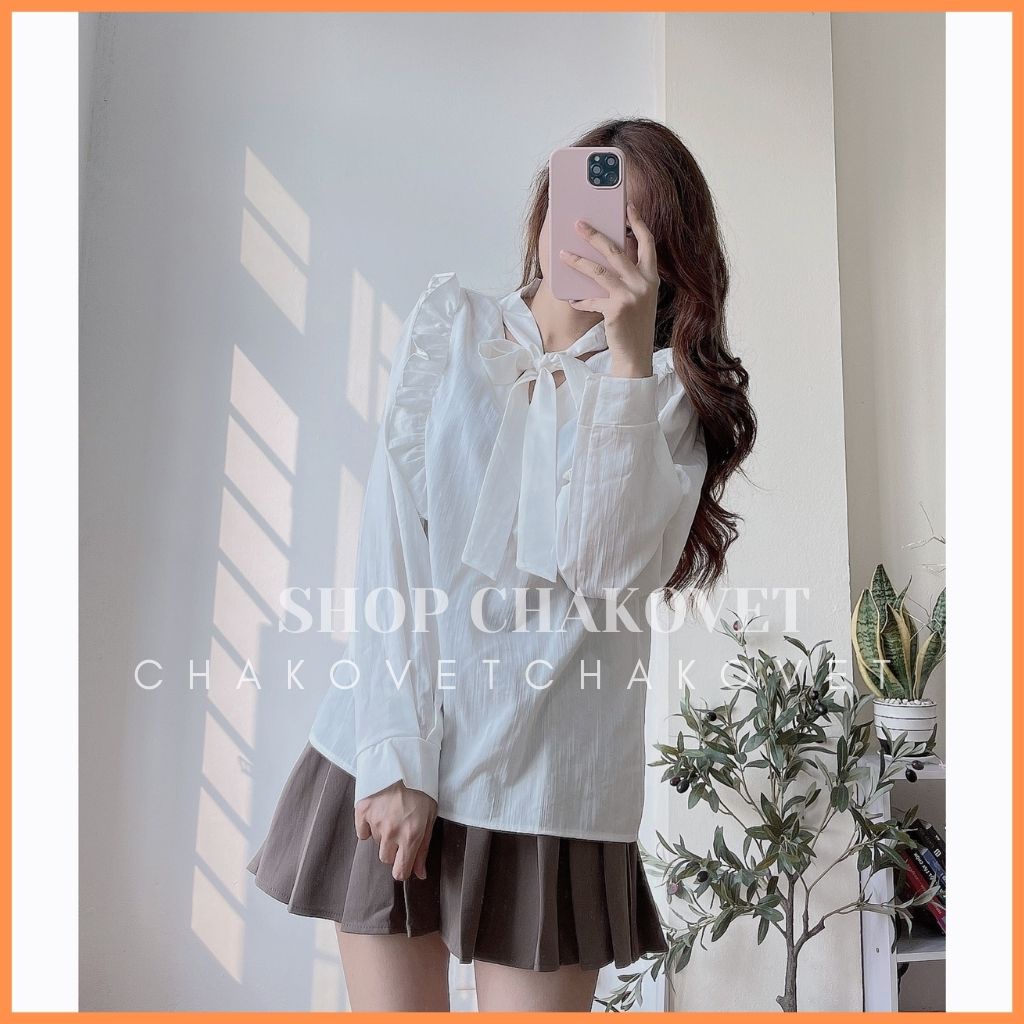 Áo sơ mi nữ dài tay trơn basic CKA891, kiểu áo nữ cổ V dáng babydoll bèo ngực thắt nơ phong cách thời trang hàn quốc