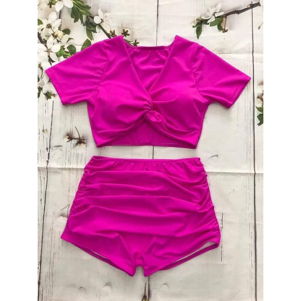 Bikini Nữ 2 Mảnh Quần Đùi Cạp Cao Aó Crop Bin Sports