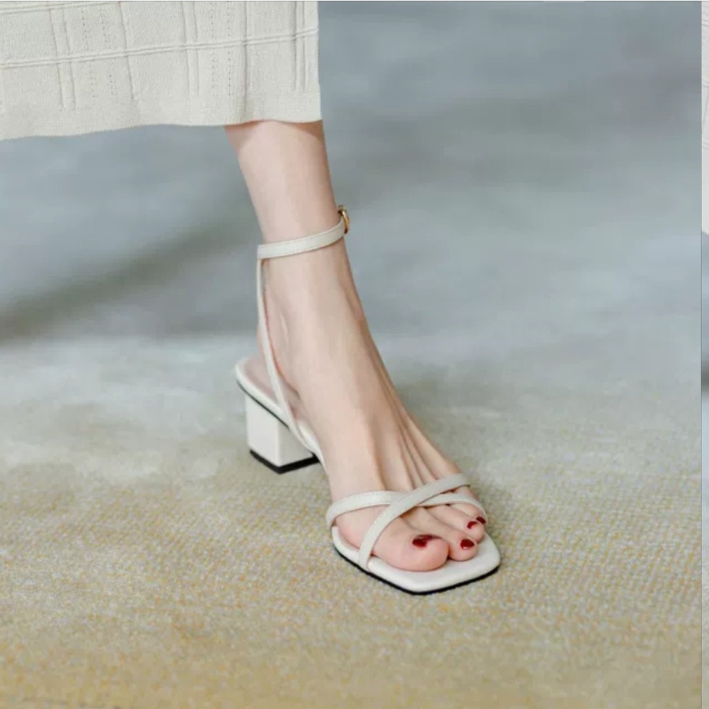Sandal dây mảnh chéo, đế trụ 5cm, khóa cài, mũi vuông, basic sang trọng - 1000016