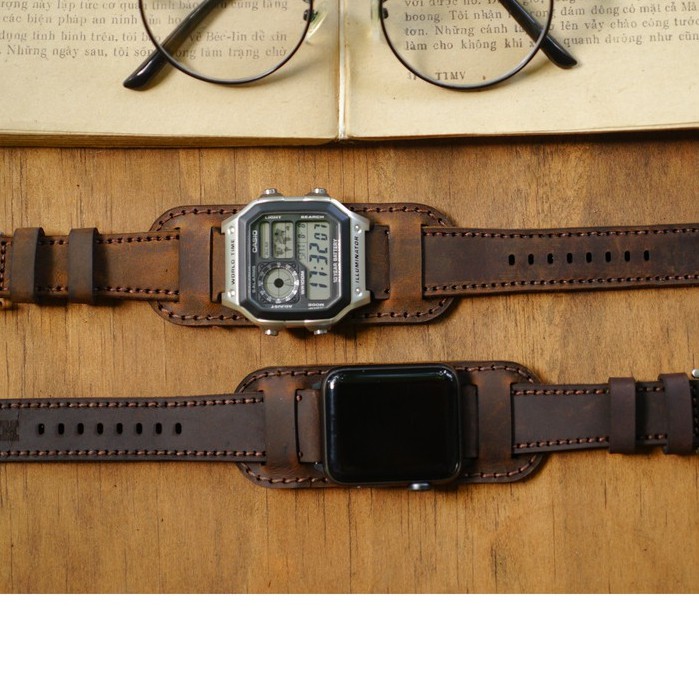 Dây đồng hồ Apple Watch , Iwatch , Iphone Watch Da Bò Sáp Nâu Kiểu Quân Đội RAM Leather Bundstrap B1  Bền Đẹp