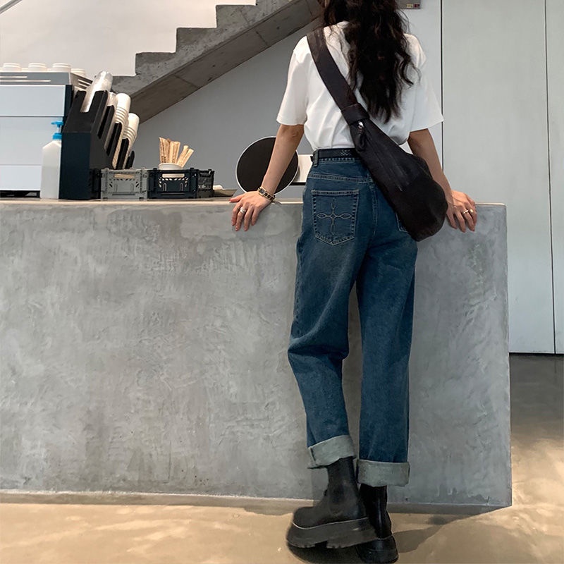 Quần Jean Ống Rộng Lưng Cao Thêu Họa Tiết Xinh Xắn Theo Phong Cách retro Hàn Quốc