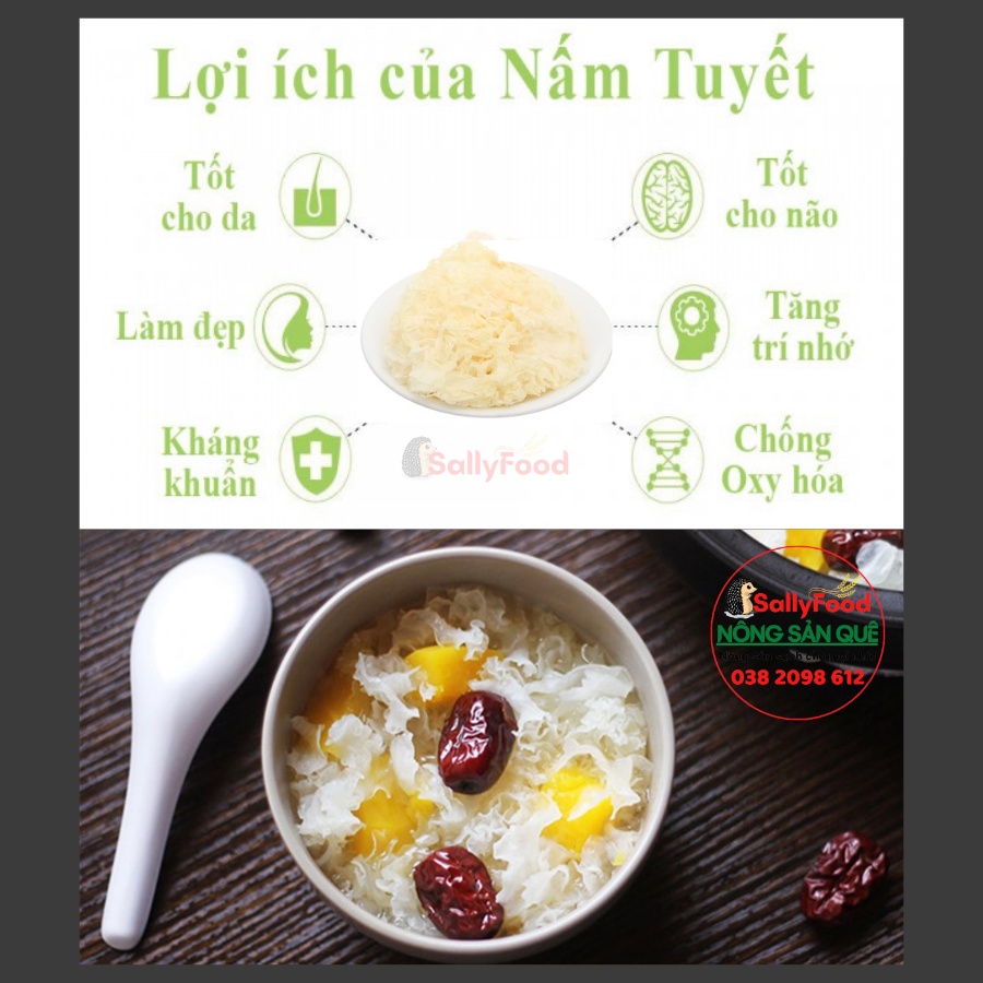 Nấm Tuyết Khô Nguyên Bông SallyFood 125g  Loại 1 To 30-40g/Bông – Nấu Chè, Soup, Salad - Nông Sản Quê