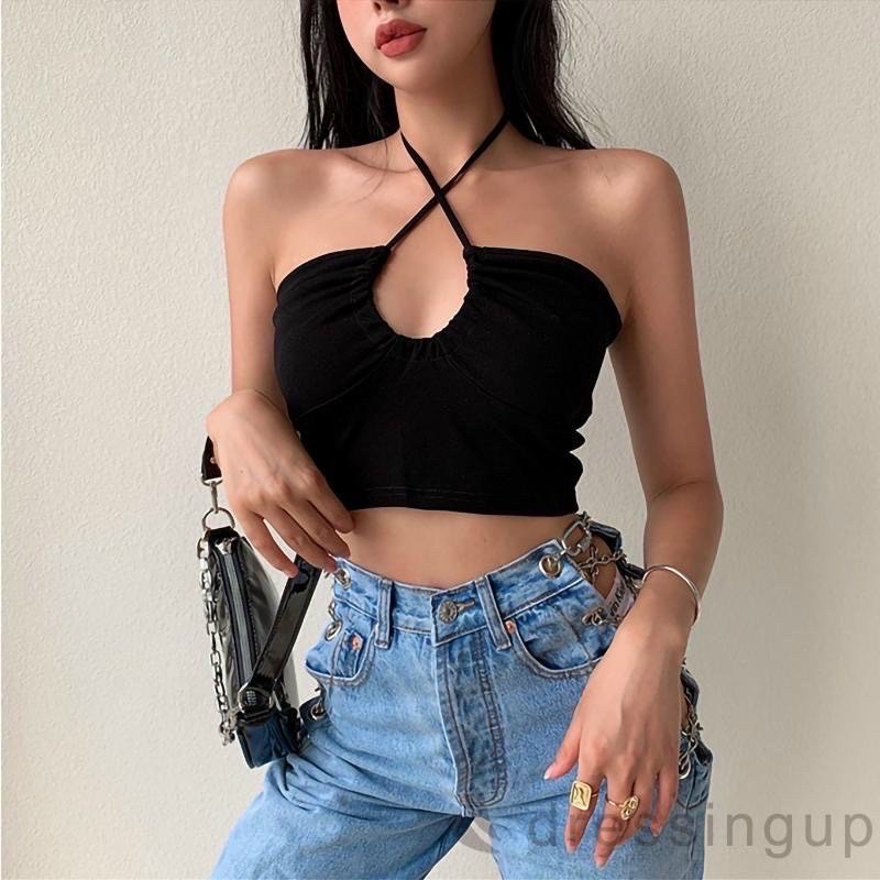 Áo ống nữ kiểu phối dây cột cổ yếm form croptop chất vải thun gân len 4 chiều FreeSize