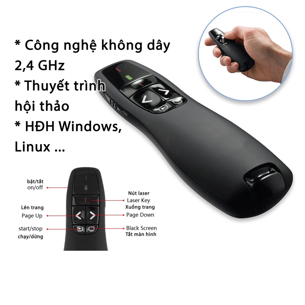 Bút trình chiếu powerpoint chỉ Lazer thuyết trình chiếu Slide không dây 2.4Ghz điều khiển từ xa - mẫu R400