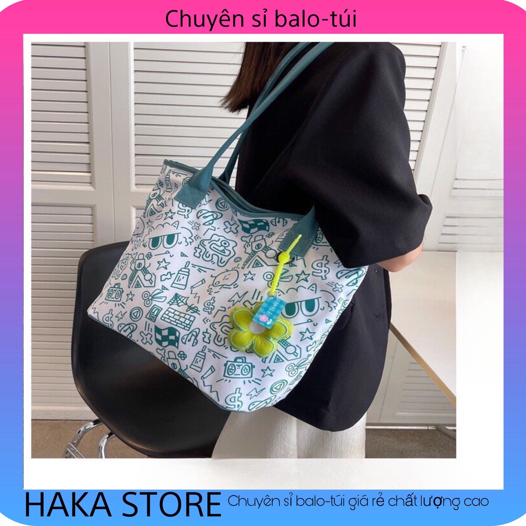 Túi tote đeo vai vải canvas sức chứa lớn hoạ tiết hoa văn độc đáo phong cách Harajuku Hàn Quốc dành cho nữ