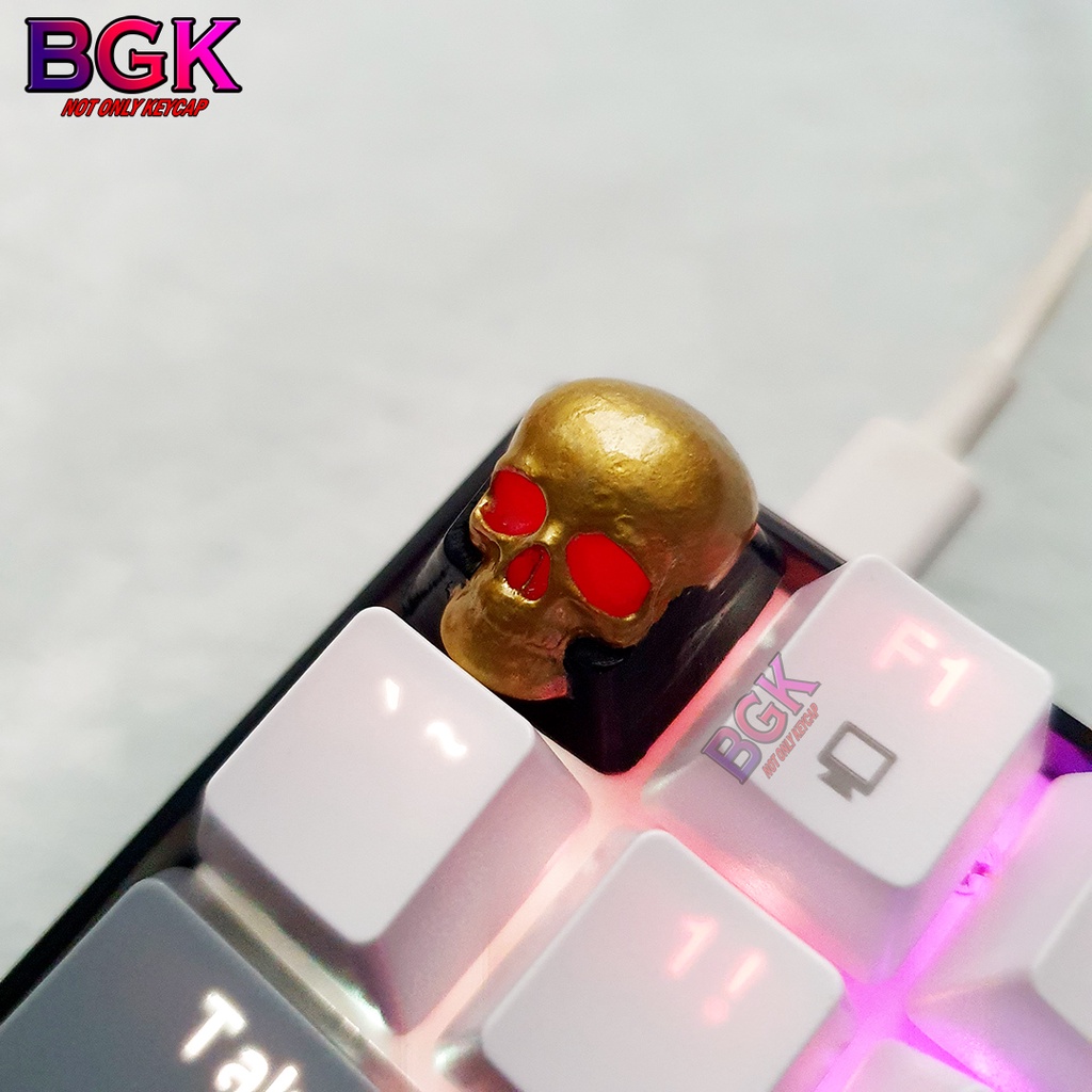 Keycap Lẻ Artisan Đầu Lâu Vàng Mắt Đỏ Xuyên LED keycap resin Red Eye Skull