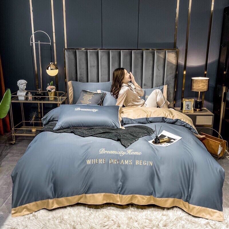 Set Phi Lụa Dream City 5 món chăn ga gối đơn sắc phối 2 màu hàng nhập khẩu sang trọng  để